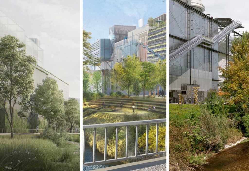 Dreiteiliges Bild mit drei Visualisierungen der unterschiedlichen Vorstellungen der Teams aus der Testplanung zur zukünftigen Fassade der Gebäude.