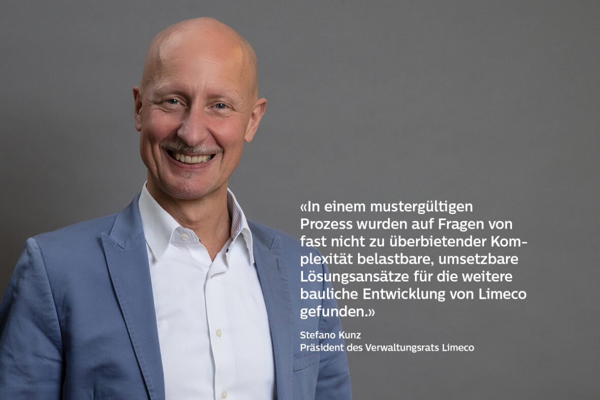 Porträt von Stefano Kunz, Präsident des Verwaltungsrats Limeco und der Quote: «In einem mustergültigen Prozess wurden auf Fragen von fast nicht zu überbietender Komplexität belastbare, umsetzbare Lösungsansätze für die weitere bauliche Entwicklung von Limeco gefunden.»